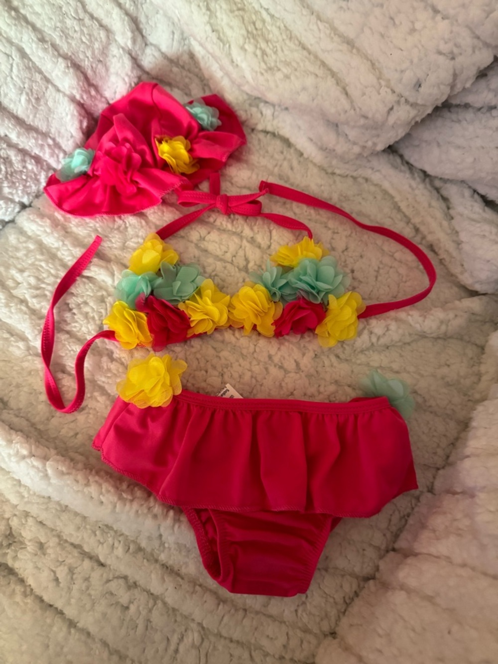 Pink Floral Infant Toddler Girls 3 Piece Bikini Set with Yellow & Blue Accents